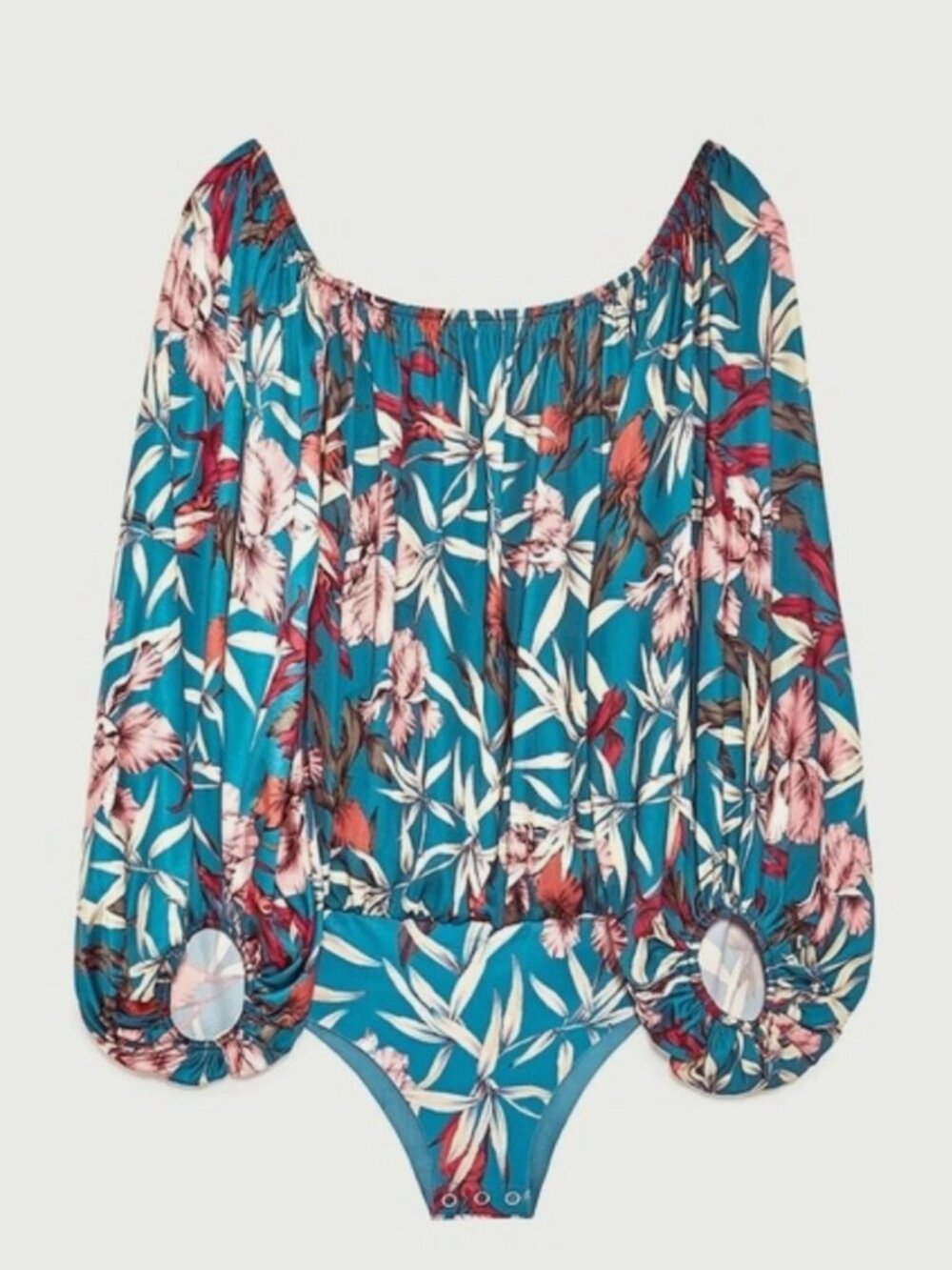 Zara blue tropical Cruise Vaca print off-shoulder bodysuit M - Picture 6 of 7